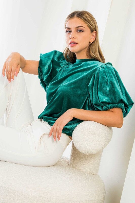 Green Velvet Puff Sleeve Top thml