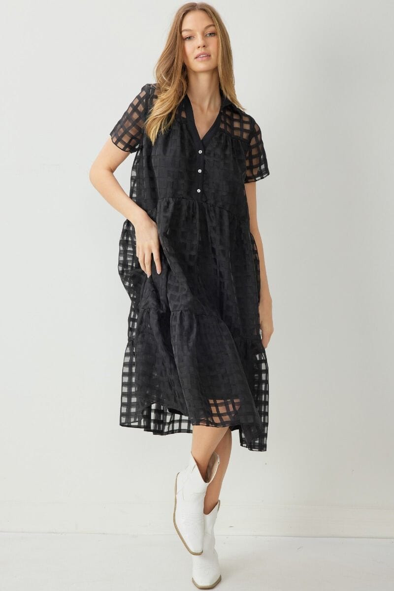 Grid Print Collared Midi entro