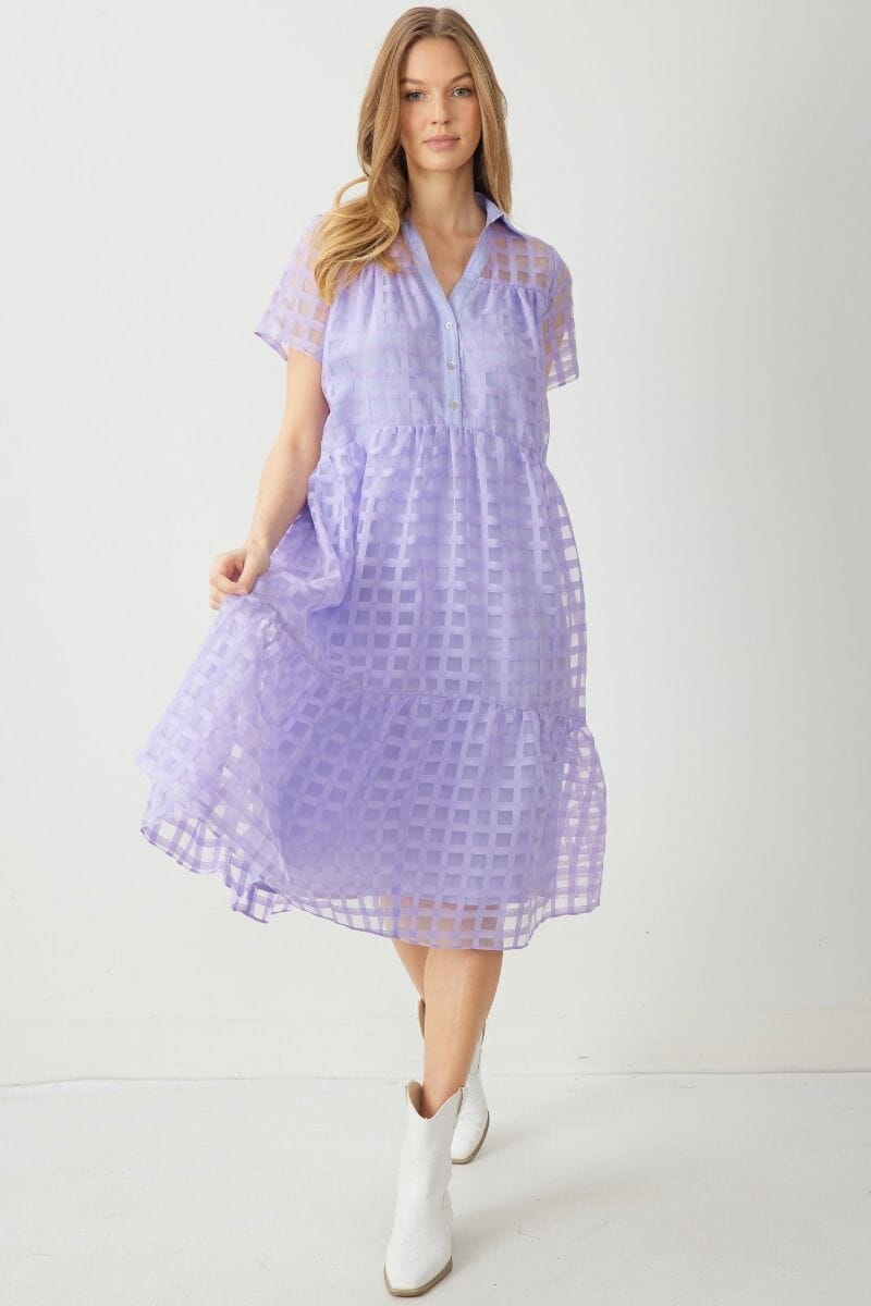 Grid Print Collared Midi entro