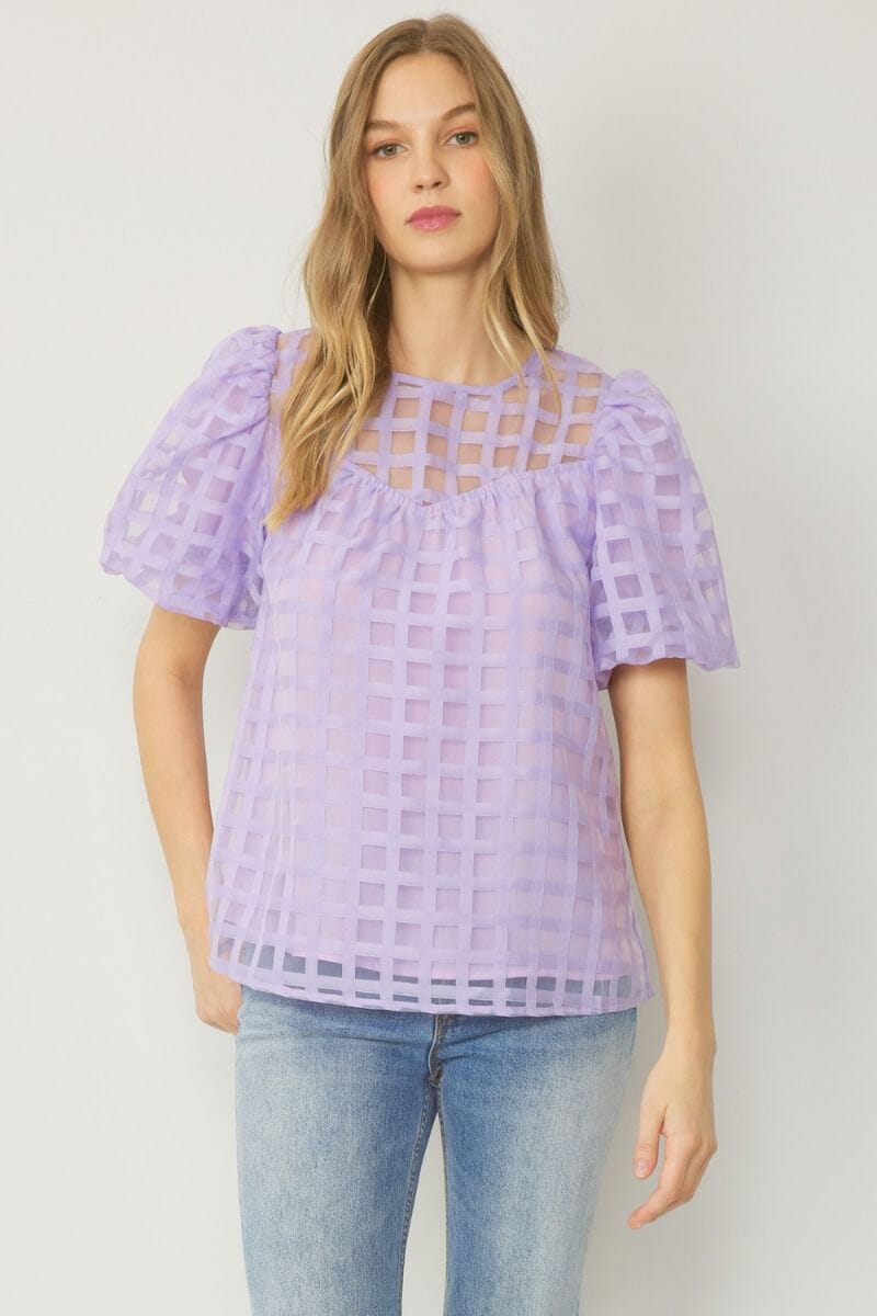 Grid Print Puff Sleeve Top entro