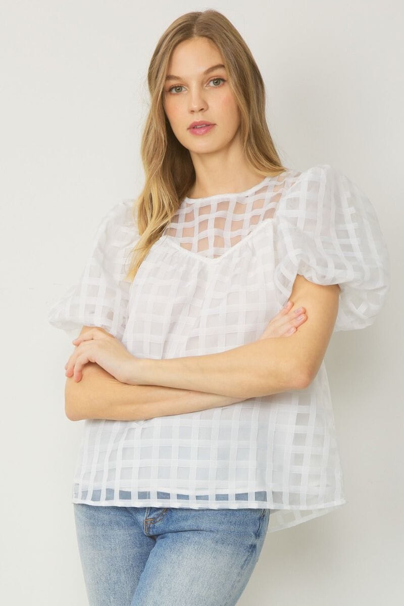 Grid Print Puff Sleeve Top entro