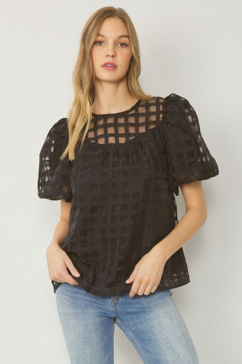 Grid Print Puff Sleeve Top entro