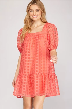 Grid Puff Sleeve Dress she + sky