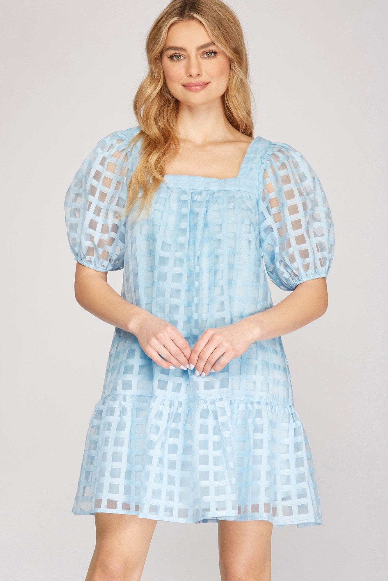 Grid Puff Sleeve Dress she + sky