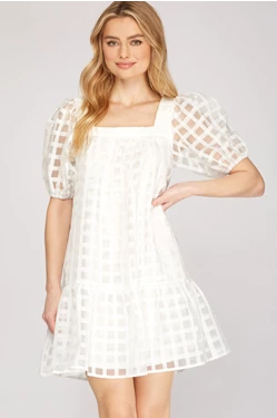 Grid Puff Sleeve Dress she + sky