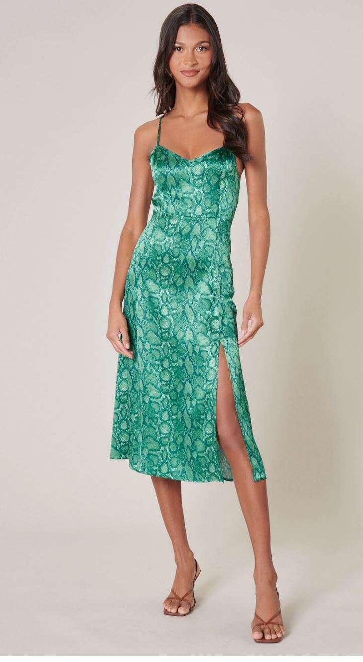 snake satin dress Warehouse Women's Snake Print Satin Cross Front Chiffon Insert Hanky Hem Midi Dress in Lime