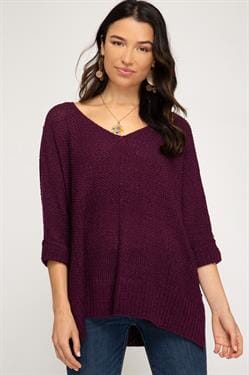 Hi-Low Cuffed Sleeve Sweater she + sky small Eggplant