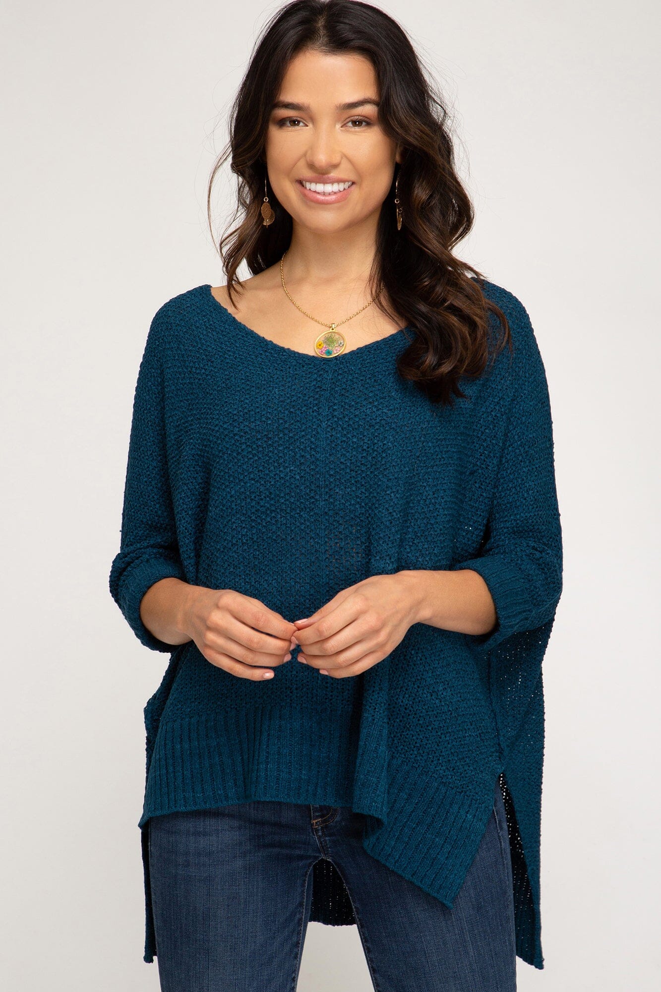 Hi-Low Cuffed Sleeve Sweater she + sky small Teal