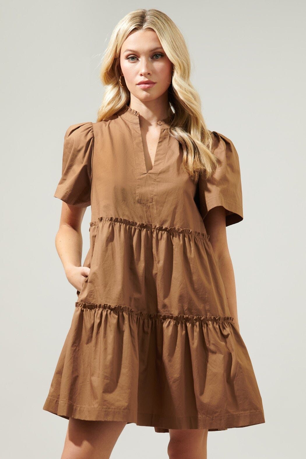 Julissa Split Neck Babydoll Short Sleeve Dress Tan Sugarlips