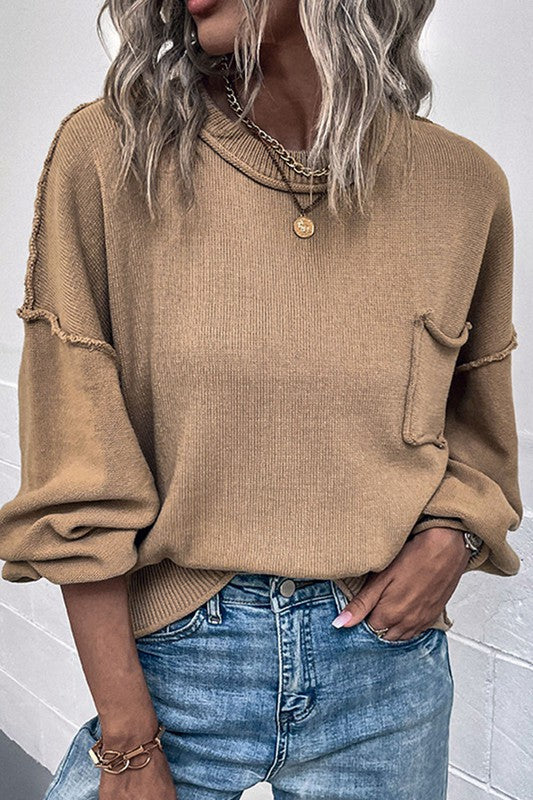Khaki Seam Pocket Sweater Shewin