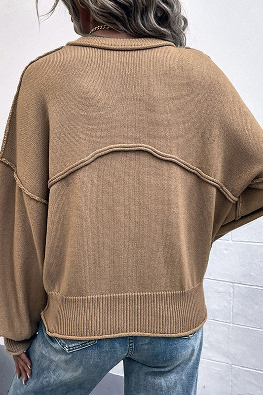 Khaki Seam Pocket Sweater Shewin