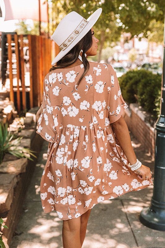 Latte Floral V-Neck Dress Shiying