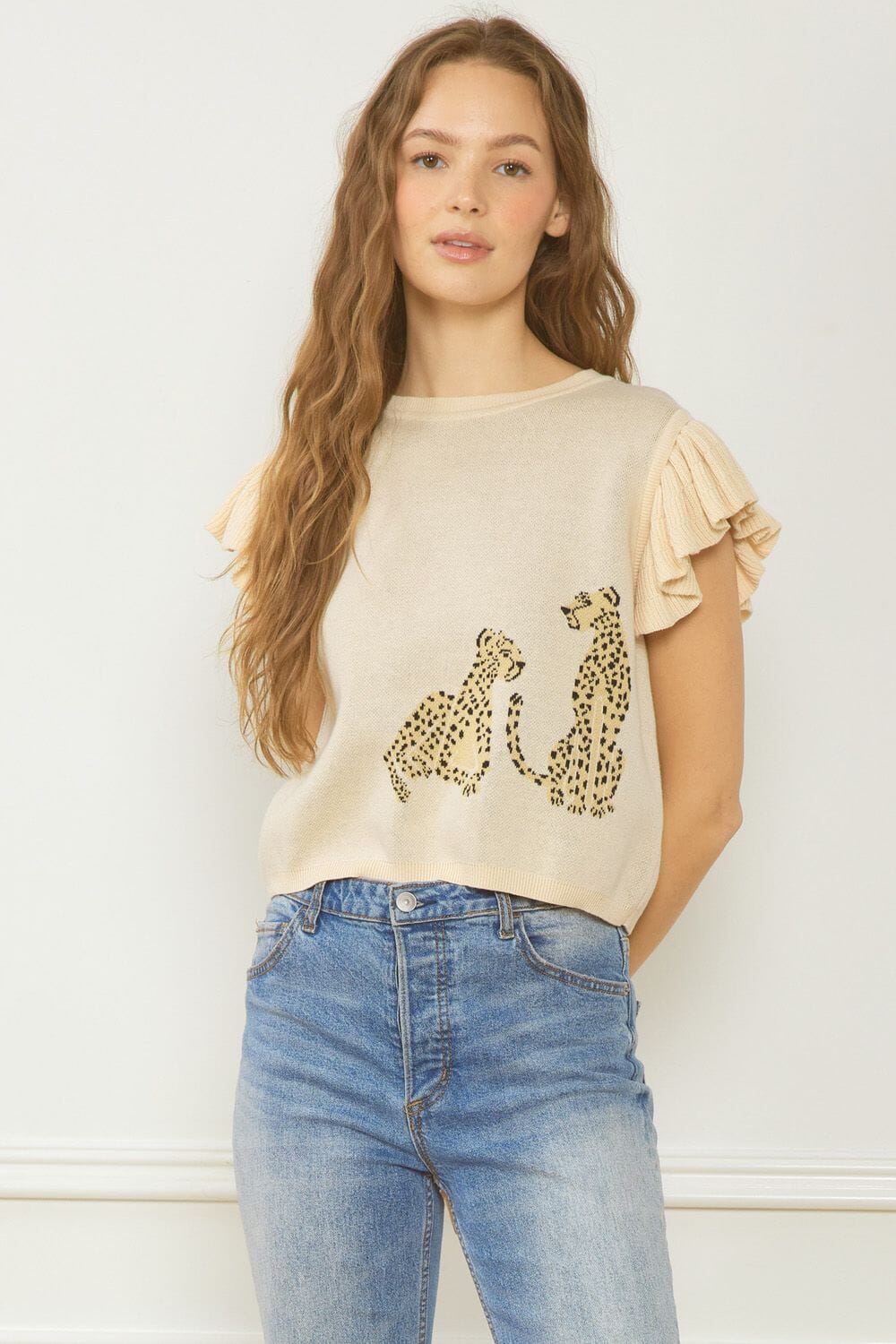 Leaping Leopard Flutter Sleeve Sweater entro