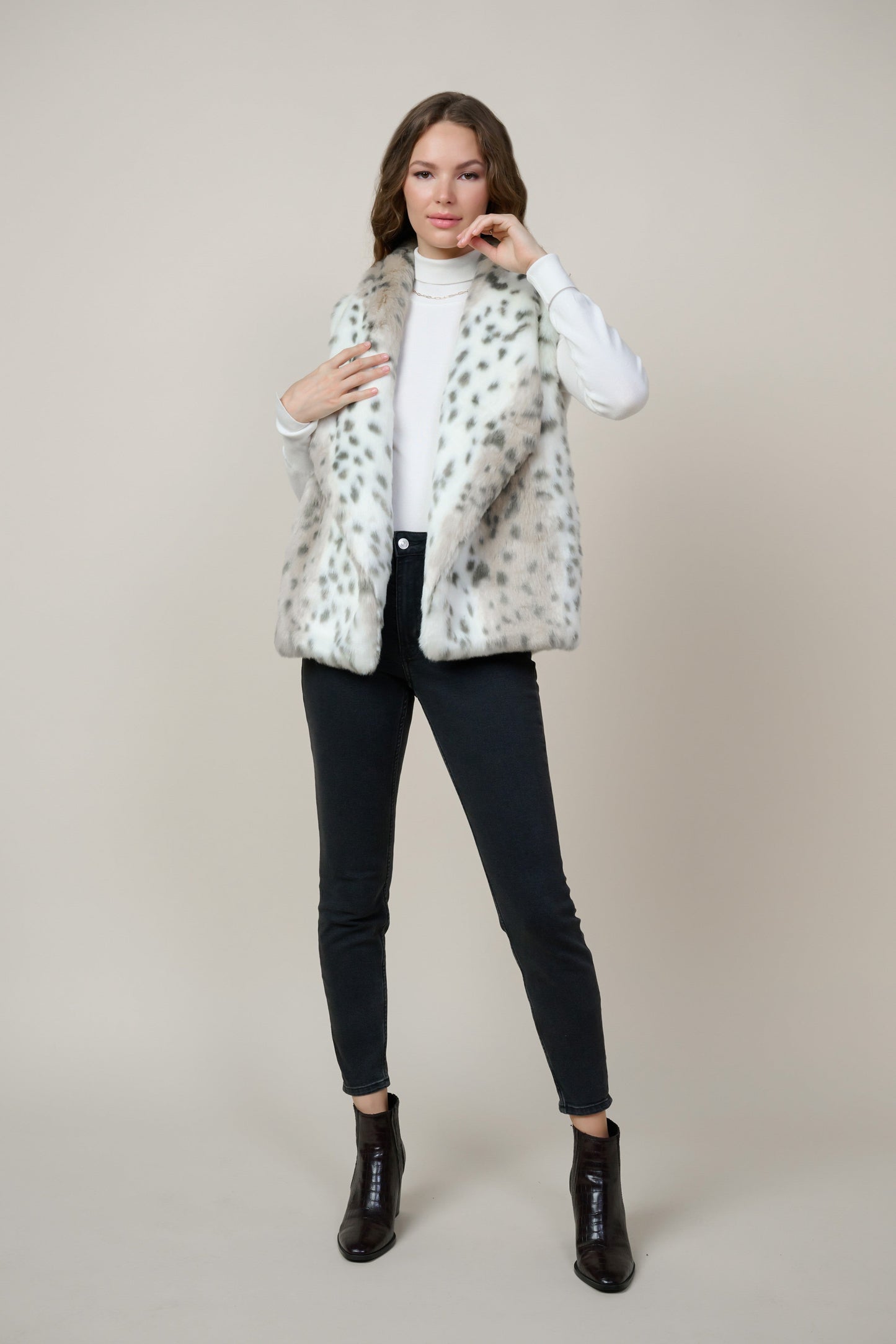 Leopard Faux Fur Vest skies are blue