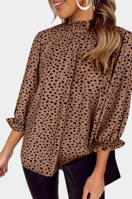 Leopard Frilled Neck Ruffled Blouse Shiying
