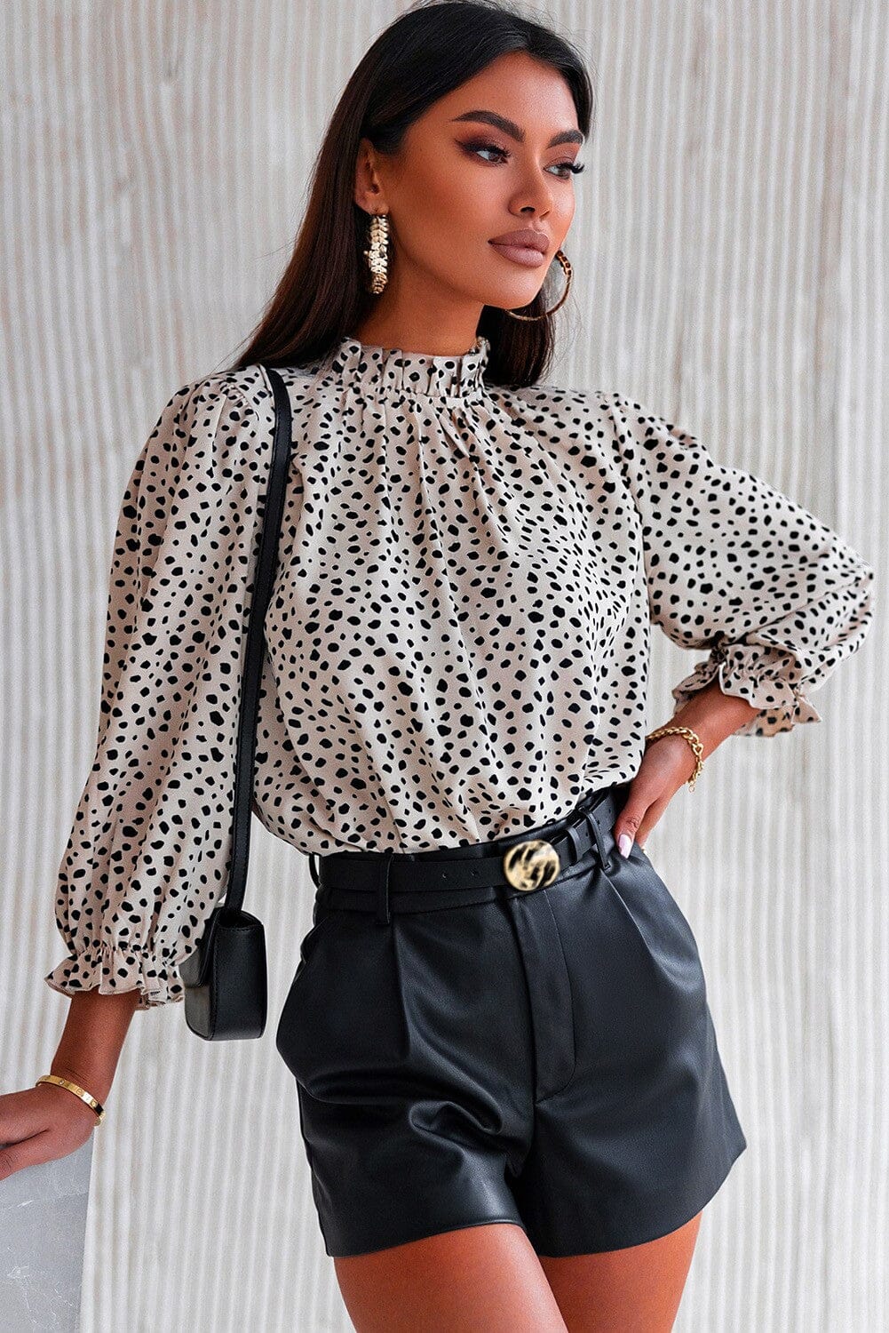 Leopard Frilled Neck Ruffled Blouse Shiying