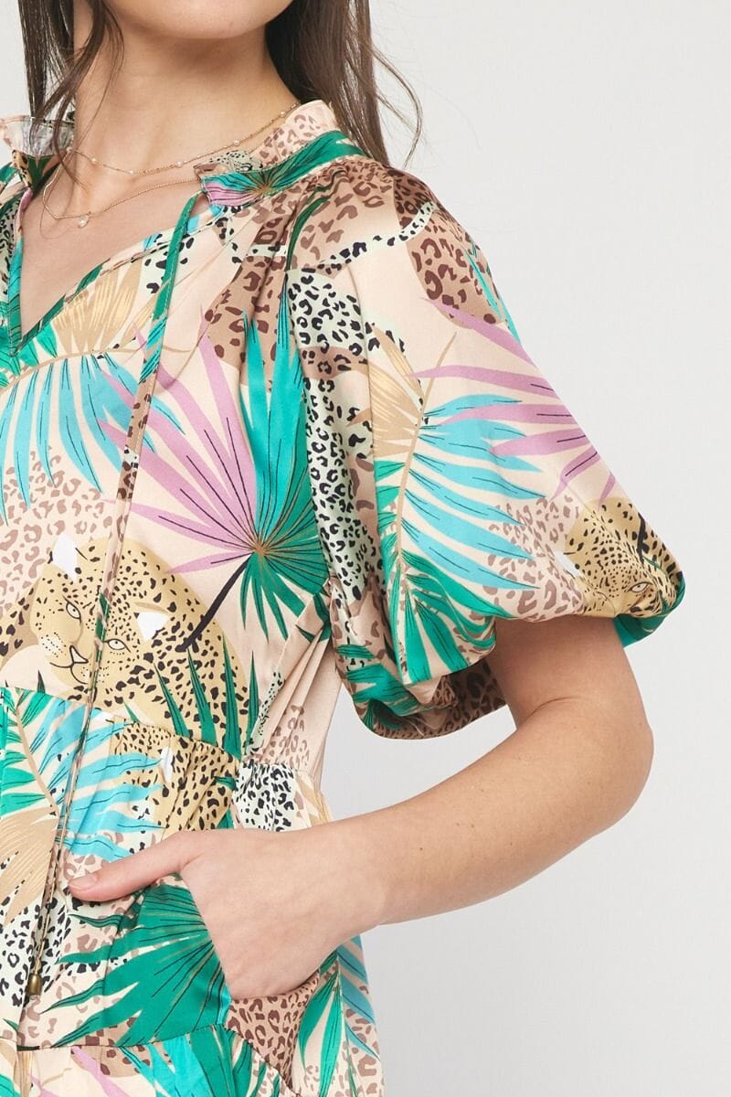Leopard Palm Puff Sleeve Dress - Ships mid-June entro