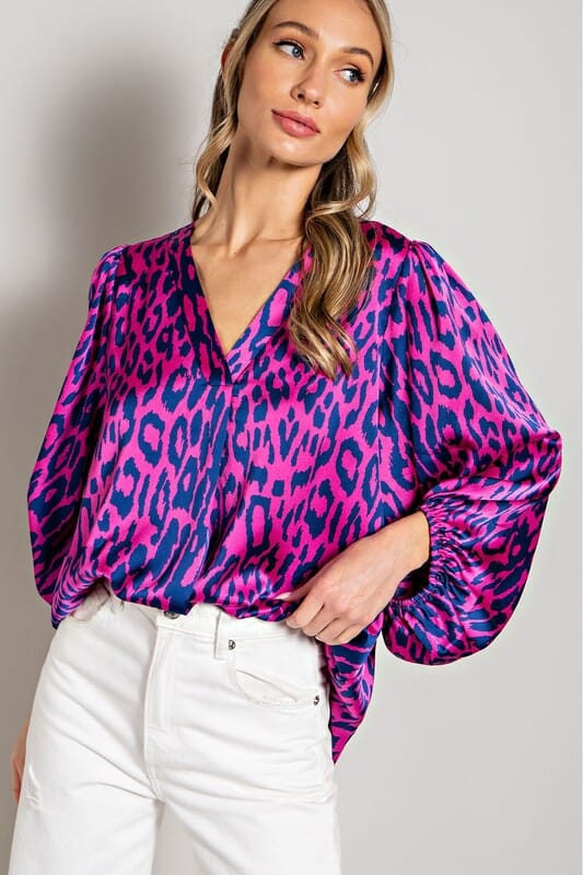 Leopard Patten V Neck Silky Blouse Eesome