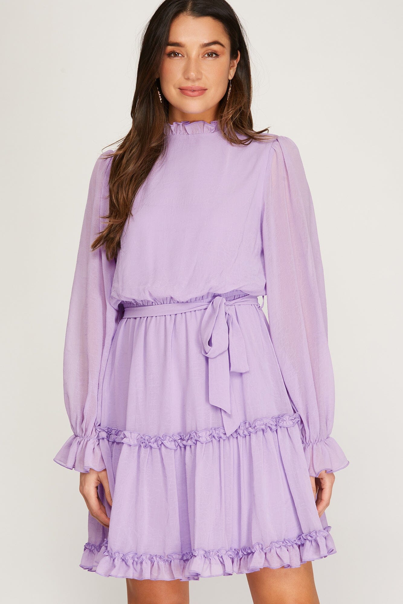 Longsleeve Ruffled Tie Waist Dress she + sky