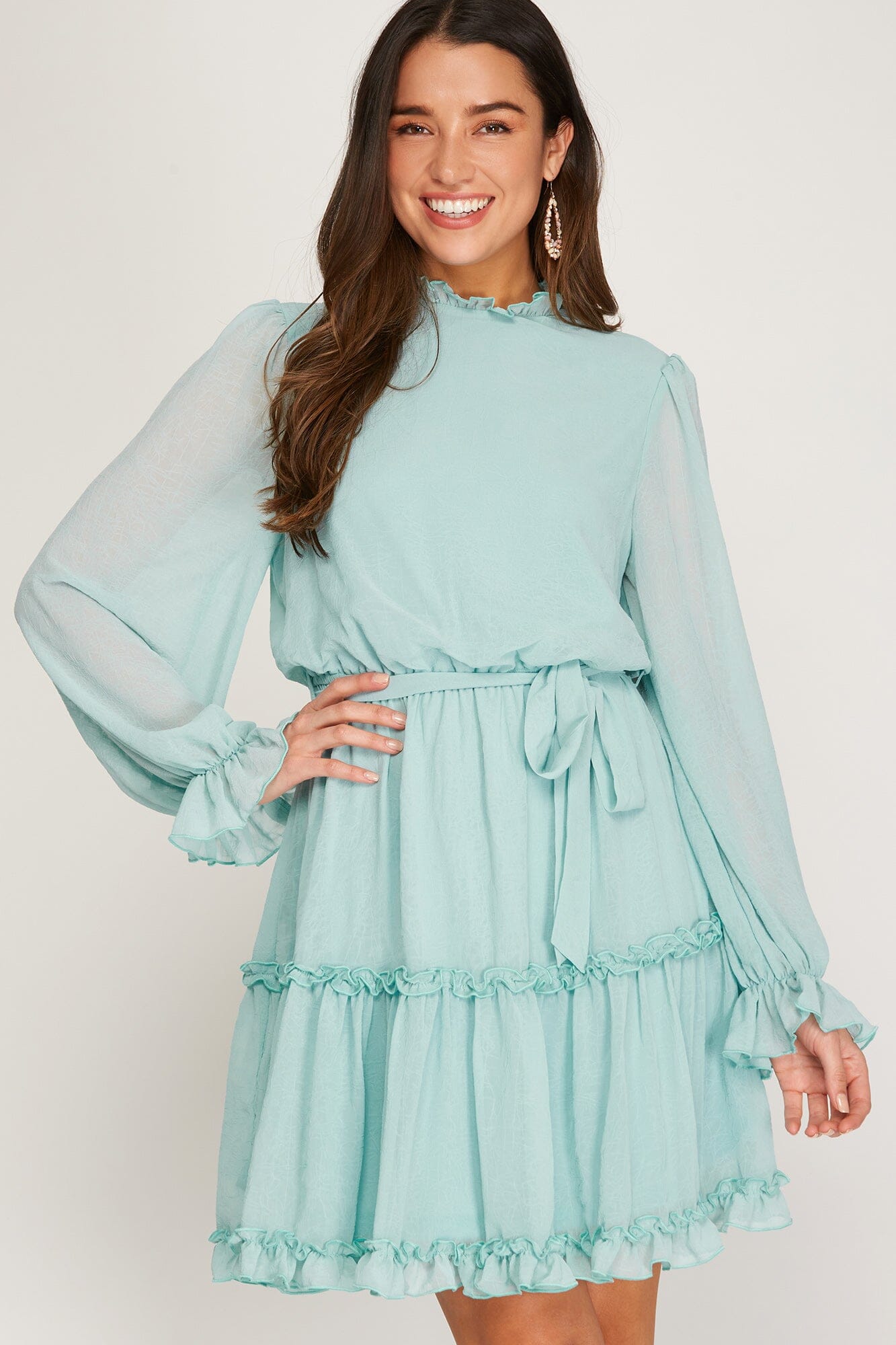Longsleeve Ruffled Tie Waist Dress she + sky