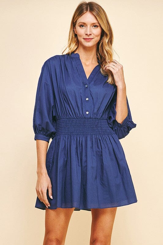 Mandarin Collar Smocked Waist Dress Pinch