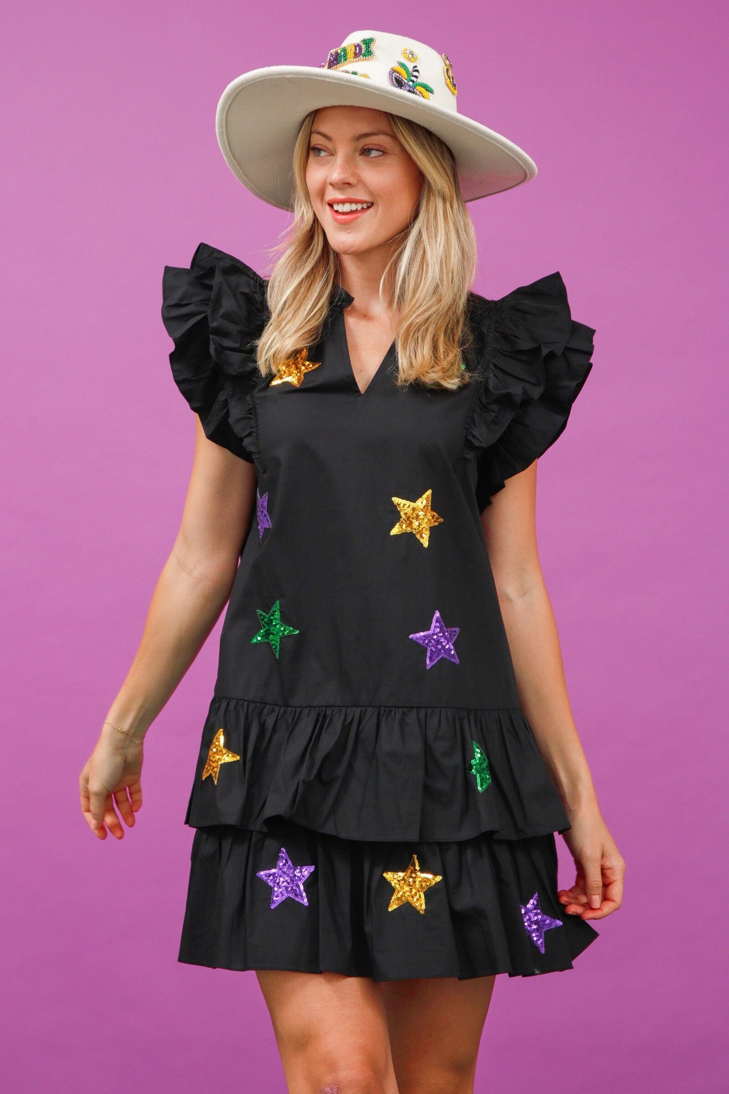 Mardi Gras Sequin Star Poplin Dress fantastic fawn