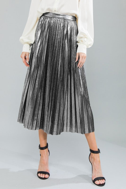 Metallic Pleated Midi Skirt flying tomato