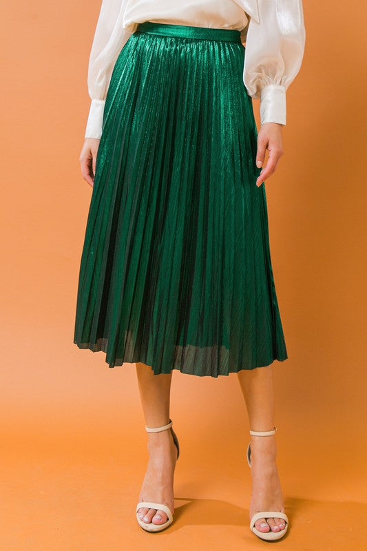 Metallic Pleated Midi Skirt flying tomato