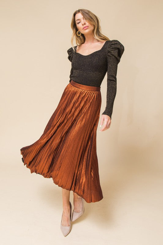 Metallic Pleated Midi Skirt flying tomato