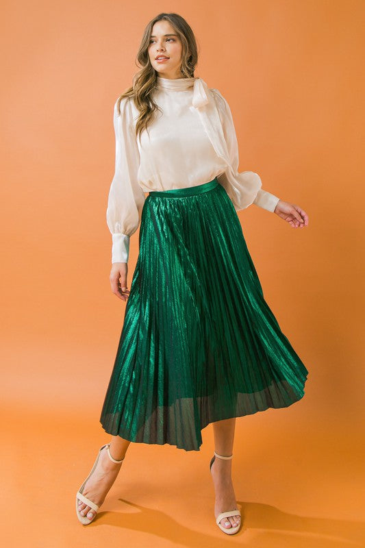 Metallic Pleated Midi Skirt flying tomato