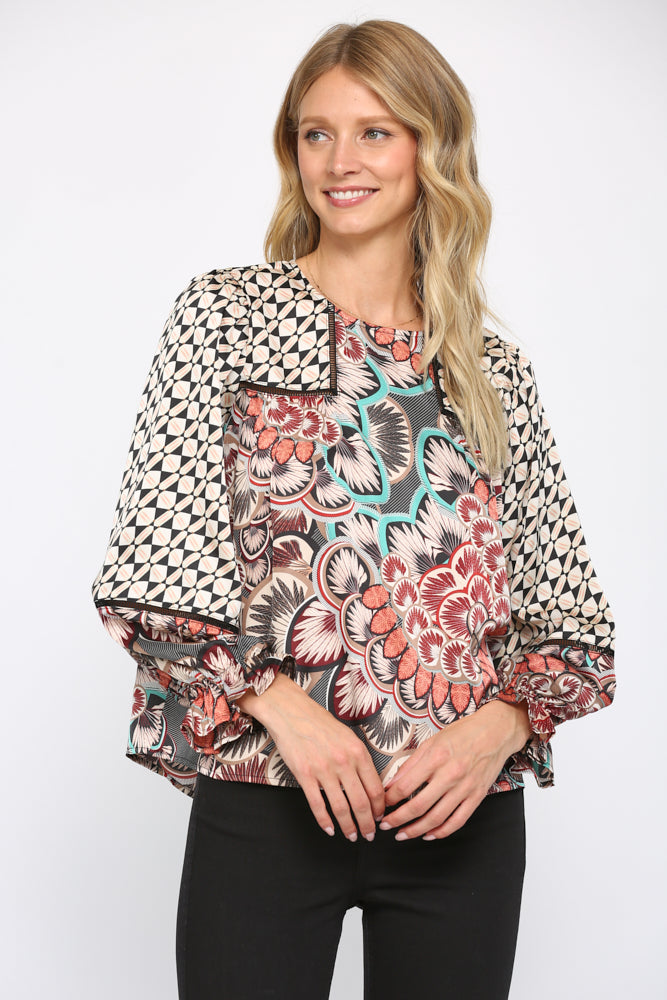 Mixed Print Lace Trim Peasant Shirt Fate