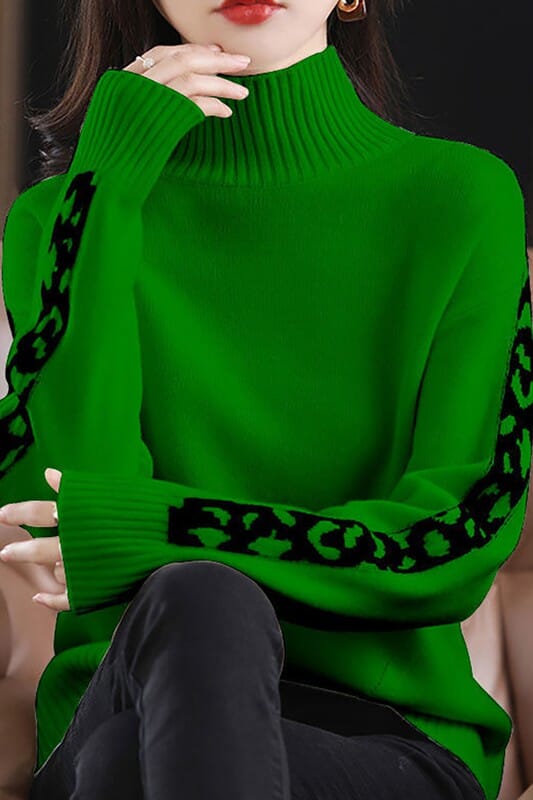 Mock Neck Sweater with Leopard Trim cezele