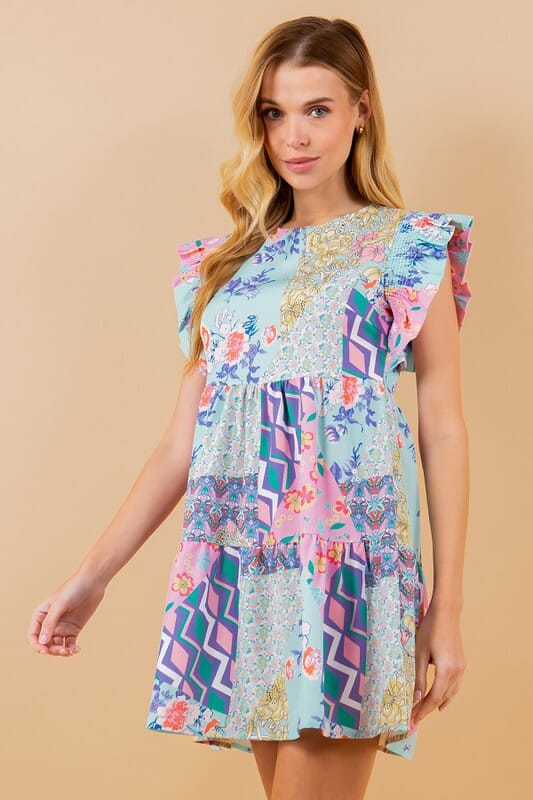 Multi Print Ruffle Dress Sundayup