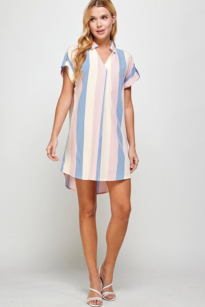 Multicolor Stripe Curve Hem Short Dress Solution
