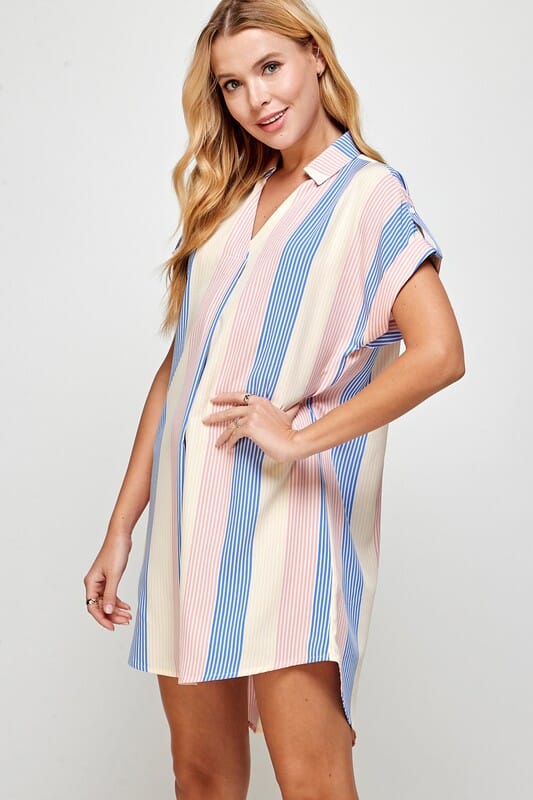 Multicolor Stripe Curve Hem Short Dress Solution