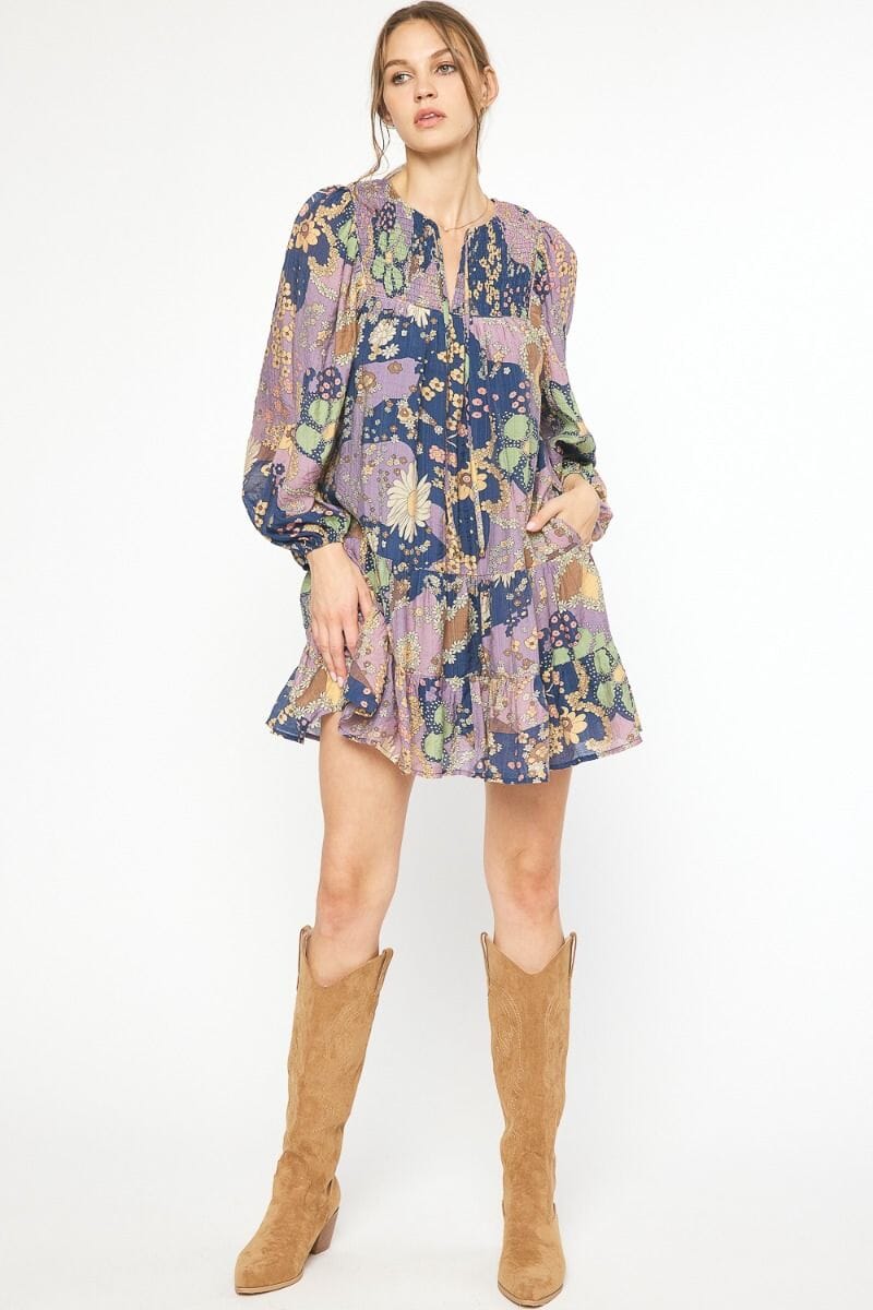 Navy Fall Floral Babydoll Dress entro