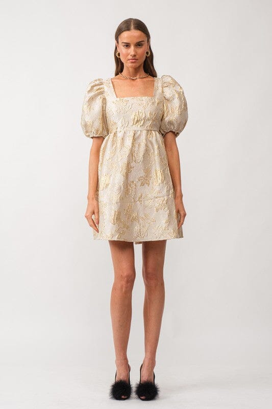 Nina Gold Jacquard Puff Sleeve Dress sofie the label
