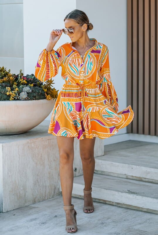 Orange Printed Balloon Sleeve Dress lavender J