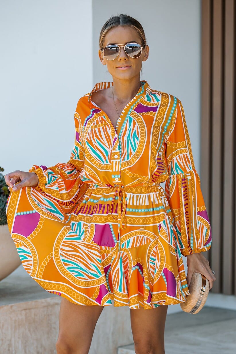 Orange Printed Balloon Sleeve Dress lavender J