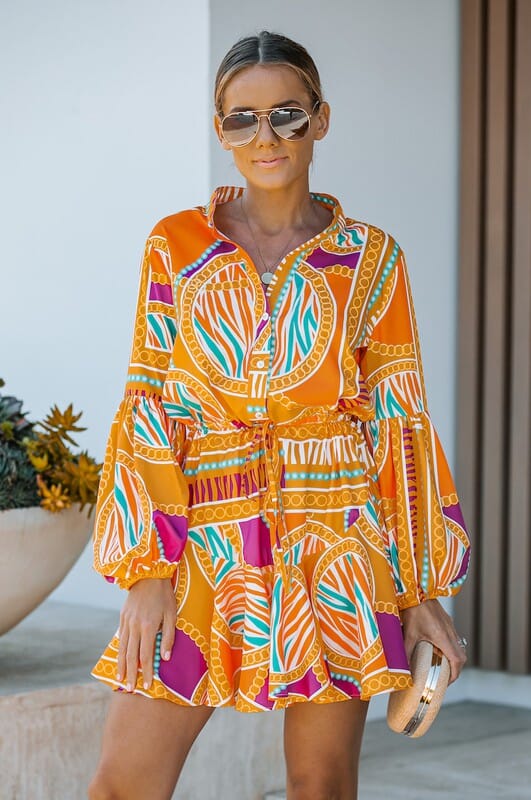 Orange Printed Balloon Sleeve Dress lavender J