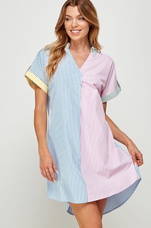 Pastel Colorblock Striped Shirt Dress Solution