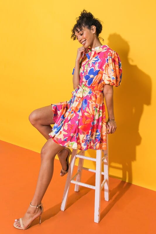 Pink and Blue Floral Button Up Dress with Tie flying tomato