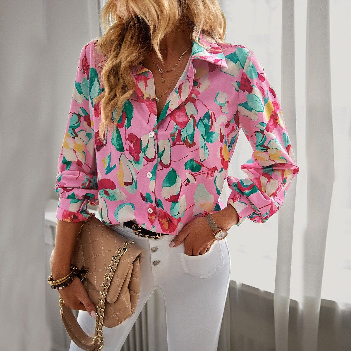 Pink Floral Abstract Button Down pink ripple