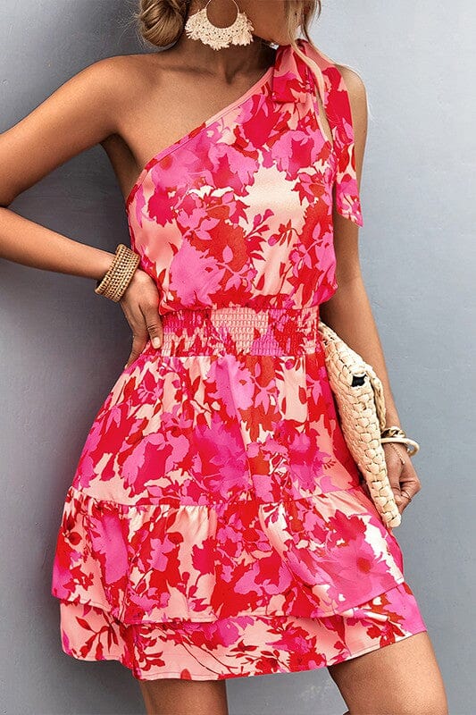 Pink Floral One-Shoulder Smocked Waist Dress Esley