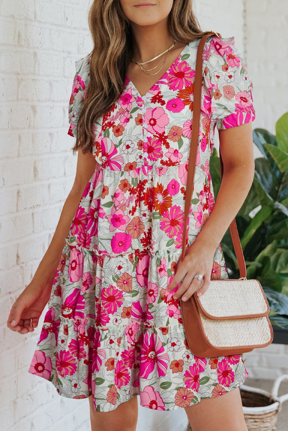 Pink Multi Floral Tiered Dress Shewin