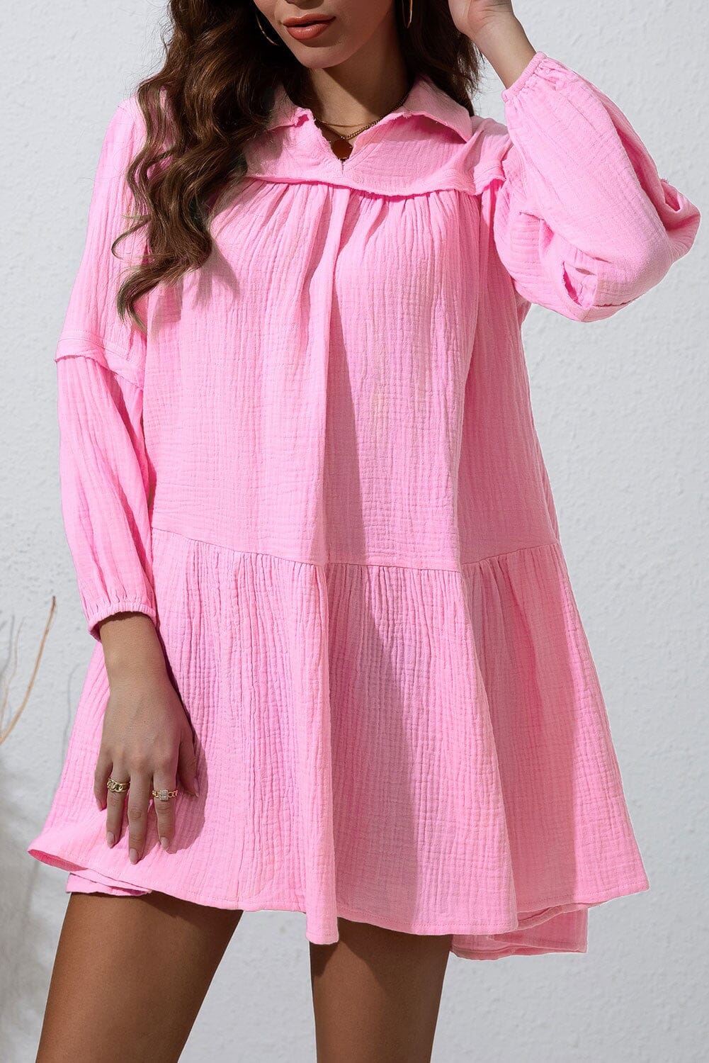 Pink Turn-down Gauze Bubble Sleeve Dress Kentce
