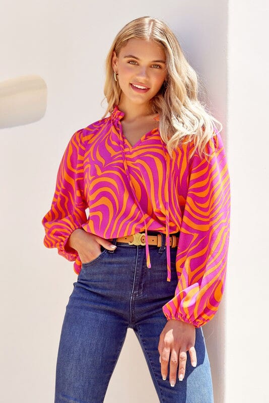 Pink Zebra Print Tie Neck Top jodifil