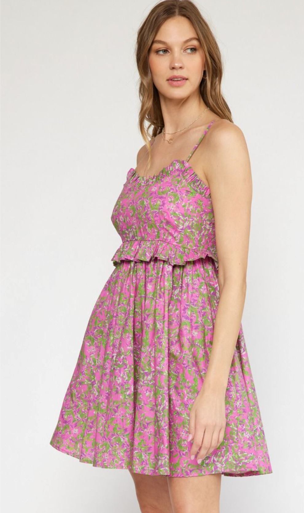 Pink/Purple Print Spaghetti Strap Sweetheart Dress entro
