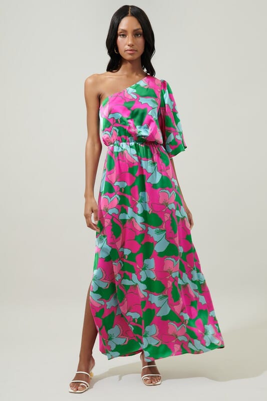 Pitaya Berry Meara One Shoulder Satin Maxi Dress Sugarlips