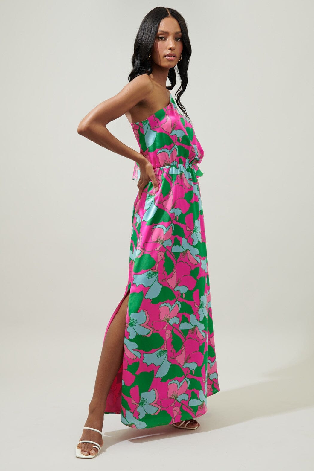 Pitaya Berry Meara One Shoulder Satin Maxi Dress Sugarlips